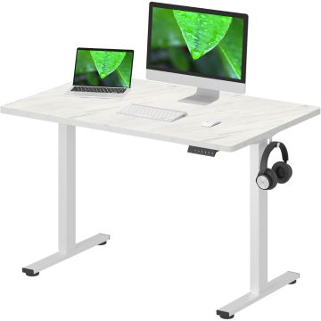 White standing desk with a marble top  featuring a monitor  laptop  keyboard  mouse  and headphones hanging on the side.