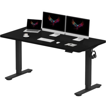 Black adjustable standing desk with dual monitors  laptop  keyboard  mouse  cup  and headphones hanging on the side.