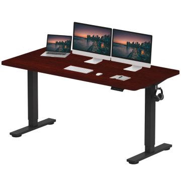 Adjustable-height desk with dark wood finish  two monitors  laptop  keyboard  mouse  notepad  and hanging headphones.