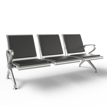 three seat metal bench with black cushions and silver frame