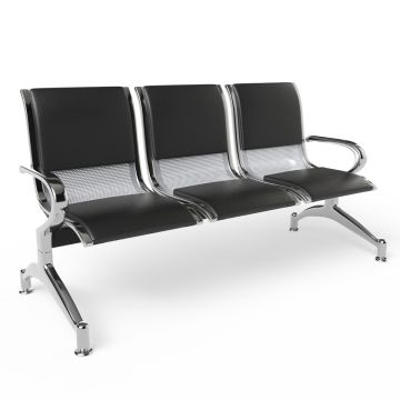 Cosmos JX 3 seater metal bench with black cushioned seats and chrome frame on white background