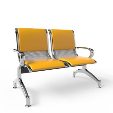 Mahmayi JX 2-seater waiting bench in yellow upholstery with chrome frame and curved armrests on white background