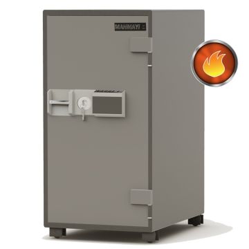 Gray fire-resistant steel safe with electronic keypad and key lock  branded Mahmayi.
