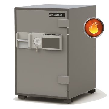 grey steel fire safe with keypad module and key lock