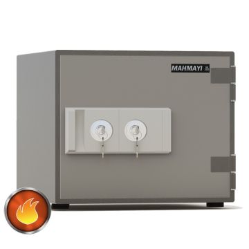 grey fire safe with two key locks front view