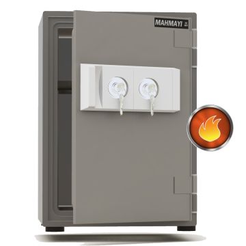 Grey fire safe with two key locks door slightly open