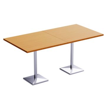 Light walnut rectangular bar table with two chrome square pedestal bases