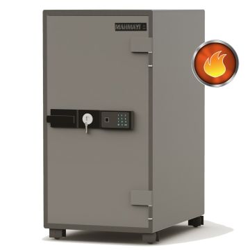 grey steel fire safe with fingerprint keypad key lock and handle