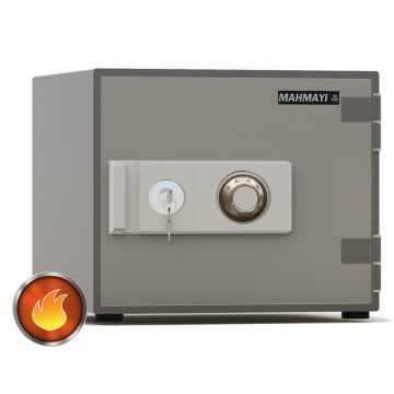 Front view grey fire safe with key and combination dial