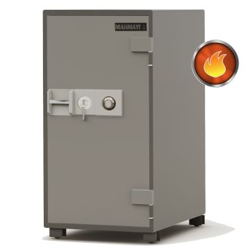 grey fire safe with key and dial lock front angle