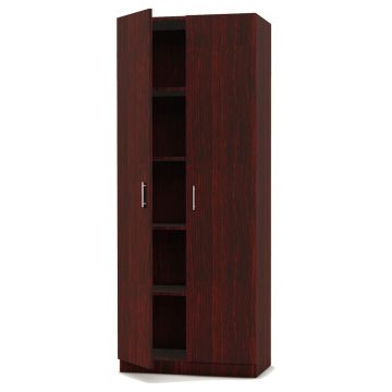 Dark walnut full height cabinet with doors ajar showing shelves