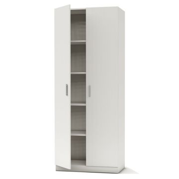 white two door tall cabinet with open door and shelves