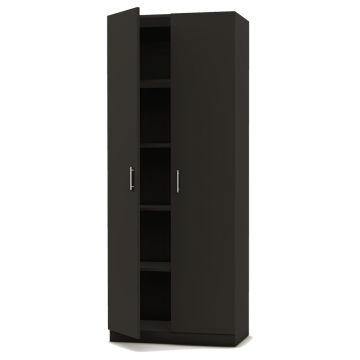 Tall black two door cabinet with one door open showing shelves