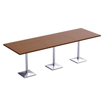 Long bar height table with dark walnut top and three chrome square bases