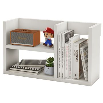 small white open bookcase with books and decor