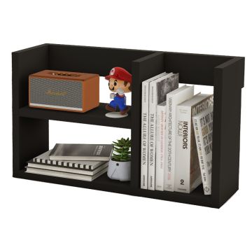 Black desktop bookshelf with two tiers and vertical divider holding books and decor