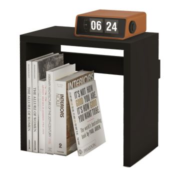 Black tabletop organizer with books and flip clock