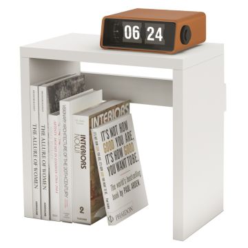 white compact desk organizer with books and flip clock
