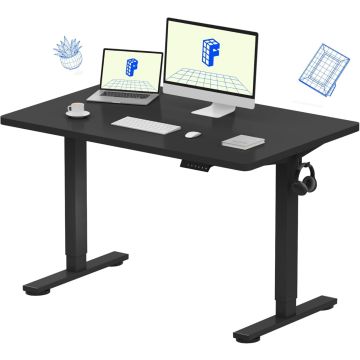 Black electric standing desk with T frame and control panel