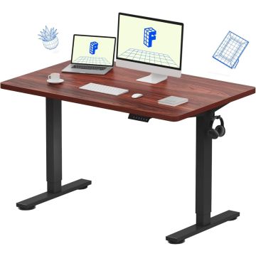 Mahogany electric standing desk with black frame and devices