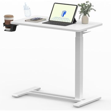 White standing desk with side cup holder tablet and plant