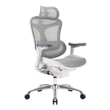 Light grey ergonomic mesh office chair with headrest and chrome base