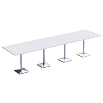 Long white bar height table with four square pedestal bases