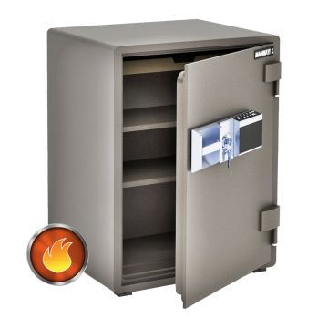 gray fire safe open with shelves and digital keypad and key lock