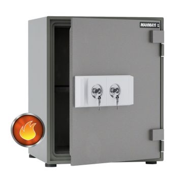 Open grey fire safe with dual key locks