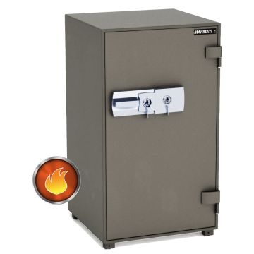 Closed grey fire safe with dual key locks and silver front panel
