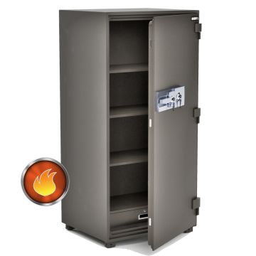 Tall grey fire safe open with shelves and lockable drawer