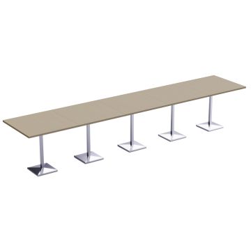Long linen wood bar table with five square pedestal bases