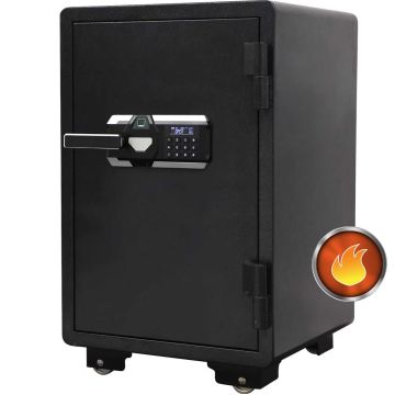 Mahmayi CE-LZ600FPB black fireproof safe with digital keypad and fingerprint lock panel on white background with fire resistance icon