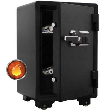 Mahmayi CE-LZ700FPB black fireproof safe open door showing two interior shelves with jewellery and documents and fireproof badge