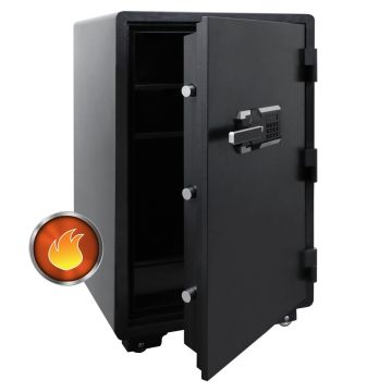 Mahmayi CE-LZ920FPB black fireproof safe open door showing interior shelves and digital keypad with fire resistance icon
