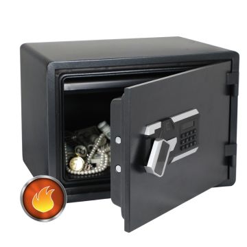 Open black fireproof safe with digital keypad and fingerprint scanner