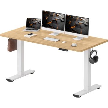 Light wood standing desk with white frame dual monitors and side hooks