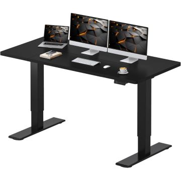 Charcoal black electric standing desk with dual monitors and keyboard