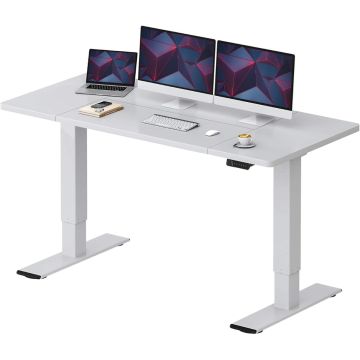 white electric standing desk with dual monitors and laptop