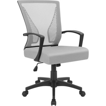 Grey mesh mid back office chair with padded seat and armrests