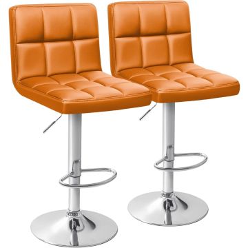 pair of orange PU leather bar stools with chrome pedestal bases