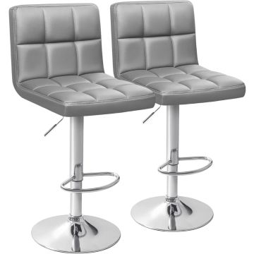 Pair of grey PU leather bar stools with chrome pedestal bases