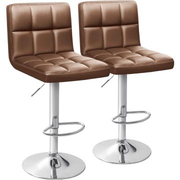 Two brown PU leather bar stools with tufted square seats and chrome pedestal bases