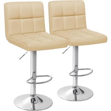 pair of beige PU leather bar stools with chrome pedestal and footrests