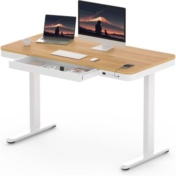 White frame standing desk with maple top open drawer and USB charging
