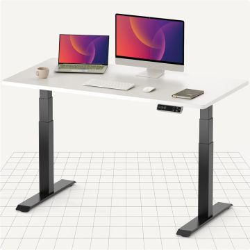white top standing desk with black legs and digital controller