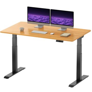 electric standing desk with black frame and maple top with dual monitors