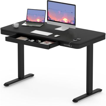 Black electric standing desk with open drawer and USB control panel