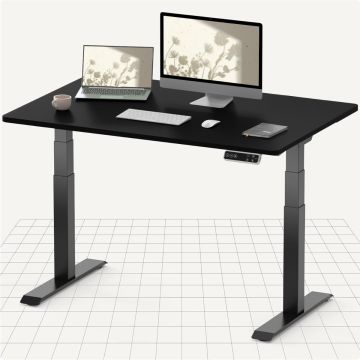 black electric standing desk with dual monitors and control panel
