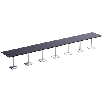 Long modular row of black square bar tables with chrome pedestal bases